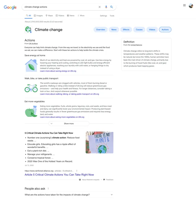 The Actions tab in Search showing tips for how anyone can live more sustainably