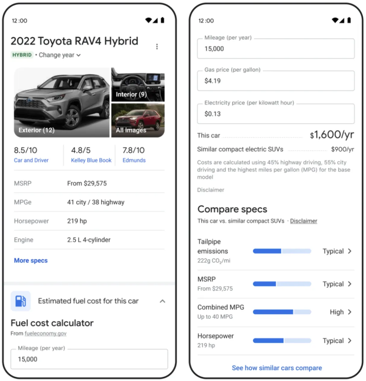 UI of Google Search experience showing how you can use the feature to see a vehicle's annual fuel or energy costs and emissions—and how it stacks up against similar vehicles.