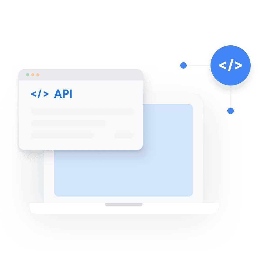 Illustration of a laptop with API code icons around it.