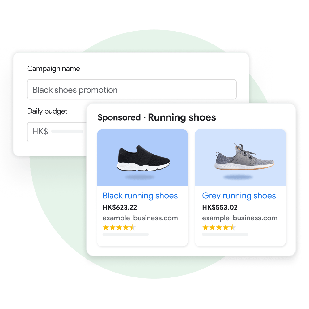 Two user interface modules: One demonstrating a user creating a name and budget for a new campaign in Performance Max and the other displaying the customer experience of seeing sponsored product listings on Google Search as a result of that campaign.