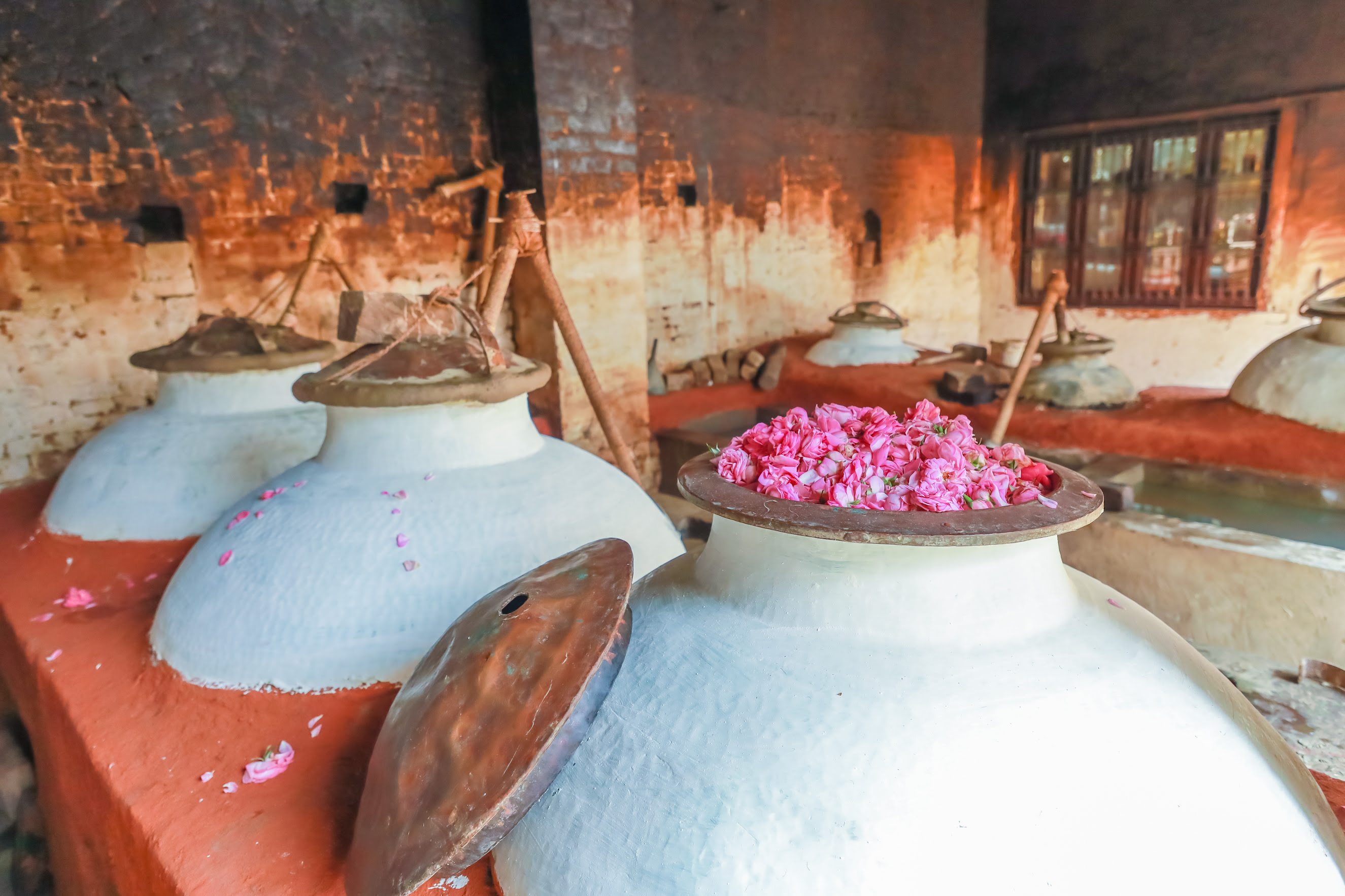 Perfume distillation pots with flowers inside