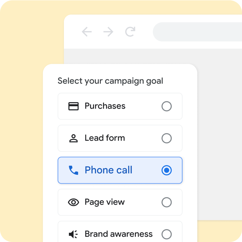 Signup flow UI showing a list of primary campaign goals and how to select one.