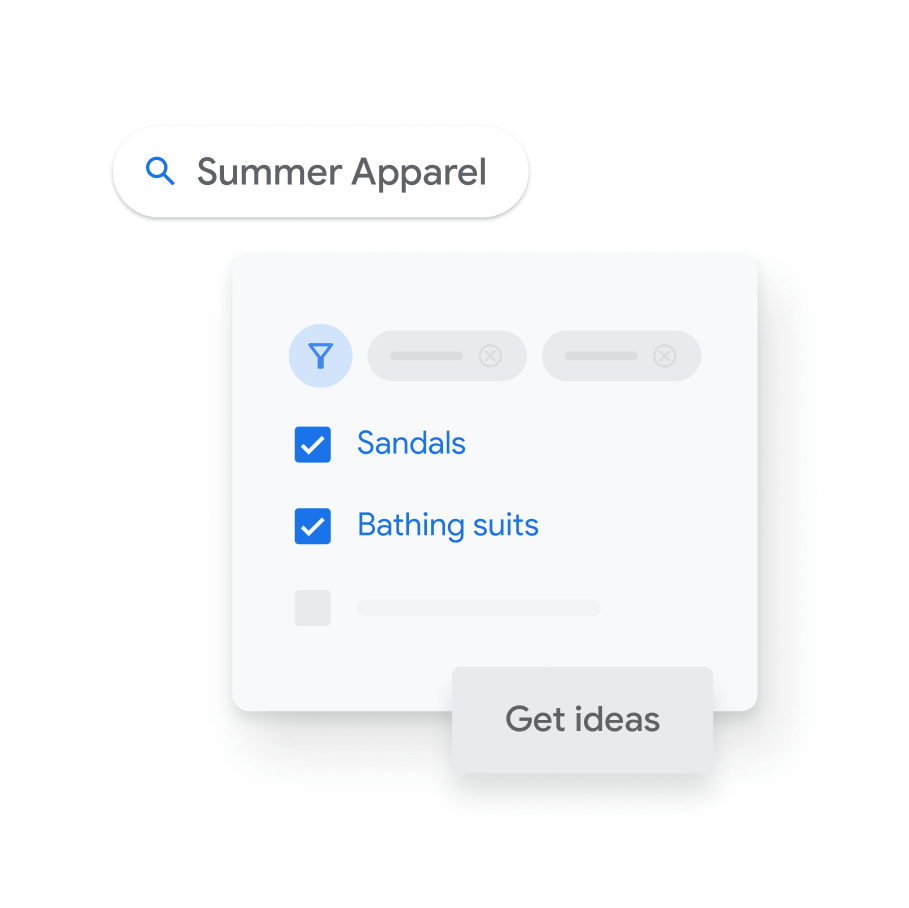 Keyword Planner UI shows ‘sandals’ and ‘bathing suits’ selected to appear in searches for ‘summer apparel’.