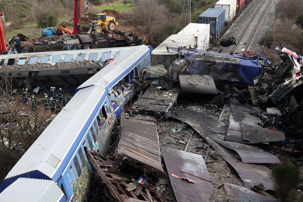 Destroyed train carriages are seen at the site of a crash, where two trains collided, near the city of Larissa, Greece, March 1, 2023.