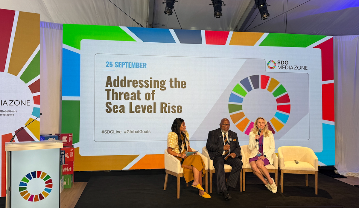 ​Moderator Rachel Ramirez, CNN; Dennis Francis, permanent representative of Trinidad and Tobago, president of the General Assembly for the 78th session; and Dr. Nadya Vinogradova Shiffer, director of the Ocean Physics program at NASA