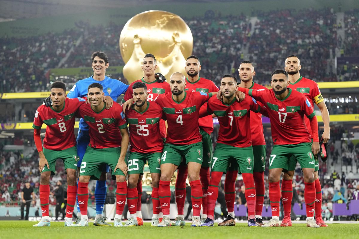 Morocco line-up during the 2022 FIFA World Cup quarterfinal match against Portugal in Doha, Qatar.