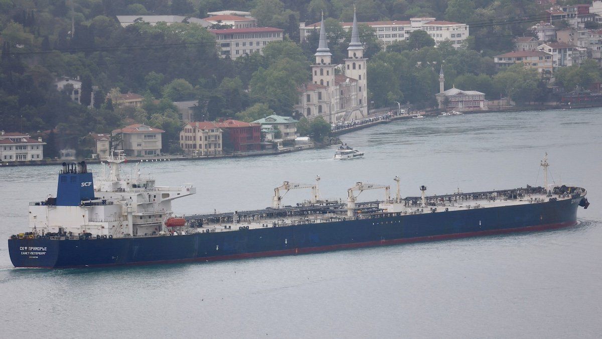 ​Oil tanker SCF Primorye, owned by Russian state shipping company Sovcomflot, transits the Bosphorus in Istanbul, Turkey, April 29, 2024. 