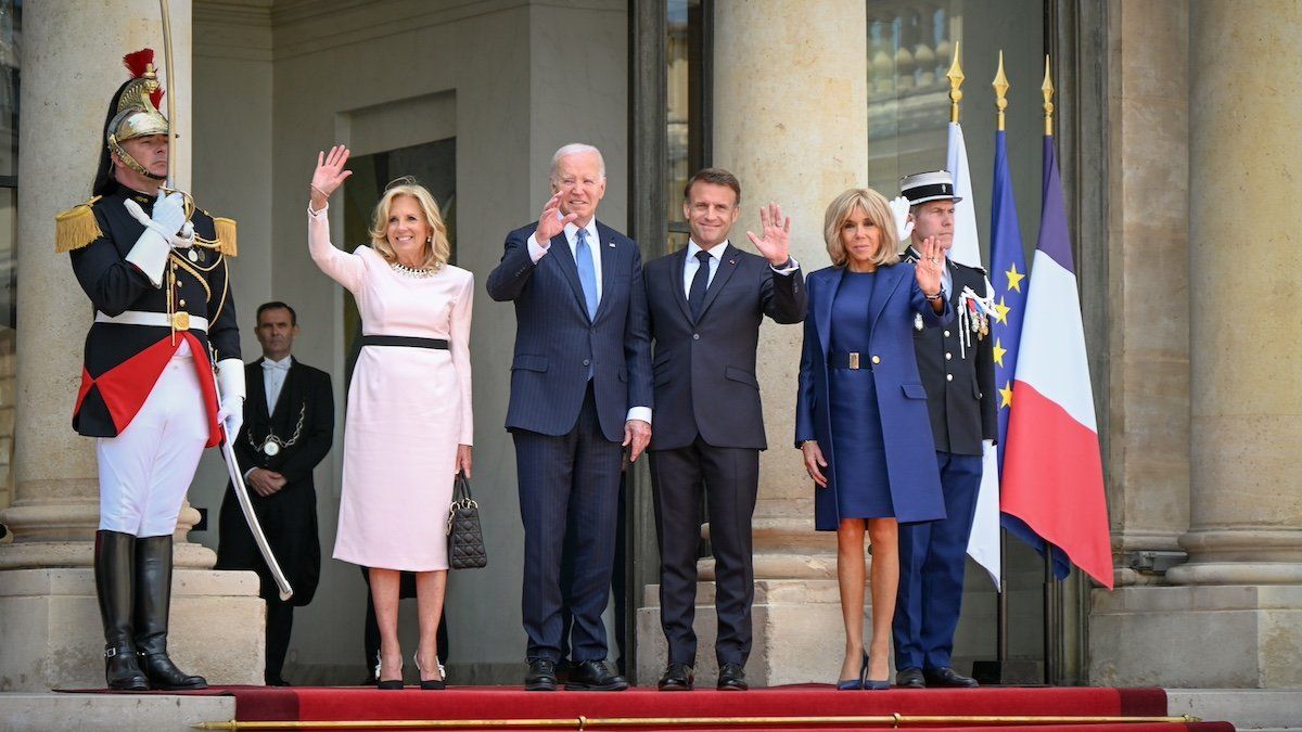 ​President Emmanuel Macron and Brigitte Macron receive President Joe Biden and First Lady Dr. Jill Biden at Elysee Palace. Featuring: Brigitte Macron, President Emmanuel Macron, President Joe Biden, First Lady Dr. Jill Biden Where: Paris, France When: 08 Jun 2024