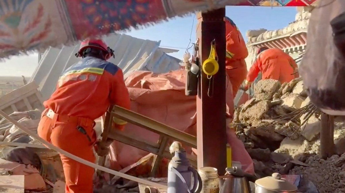 ​Rescue teams work amid rubble in the aftermath of an earthquake in a location given as Shigatse City, Tibet Autonomous Region, China, January 7, 2025, in this screengrab obtained from a handout video. 