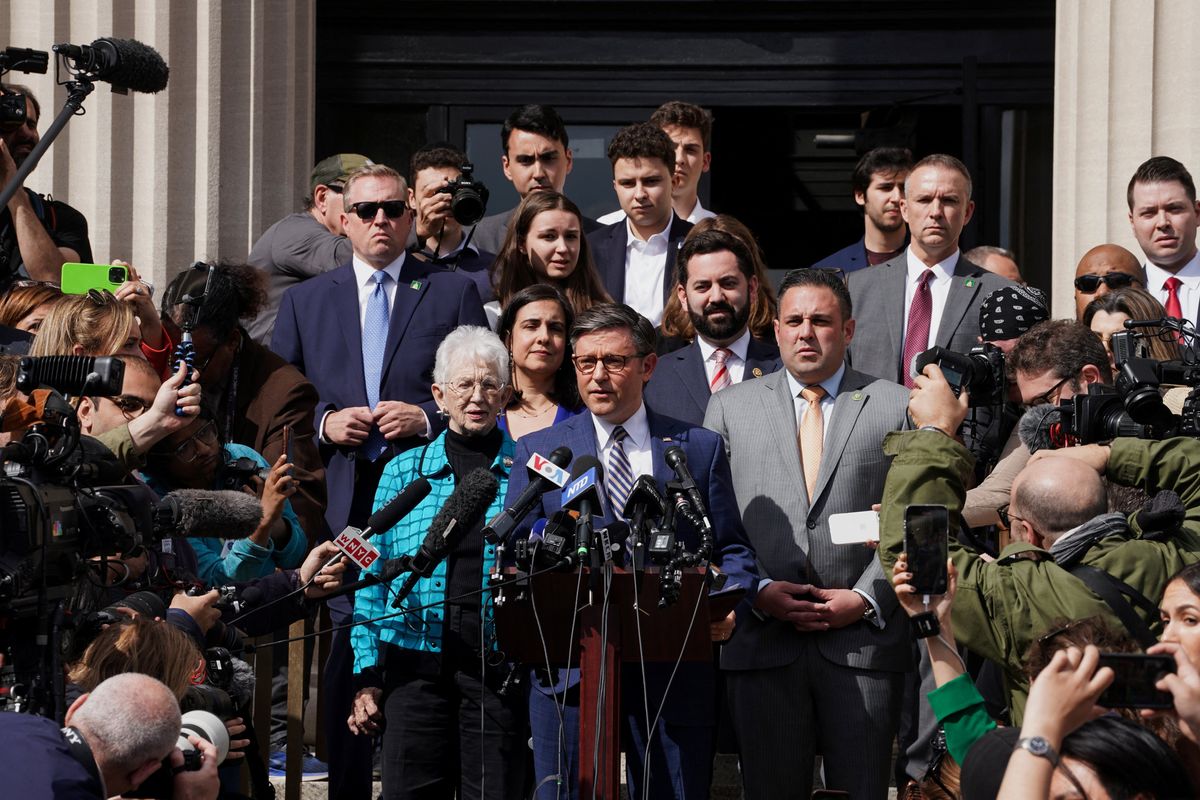 ​Speaker of the U.S. House of Representatives Mike Johnson (R-La.) attends a news conference at Columbia University in response to demonstrators protesting in support of Palestinians, amid the ongoing conflict between Israel and the Palestinian Islamist group Hamas, in New York City, U.S., April 24, 2024.