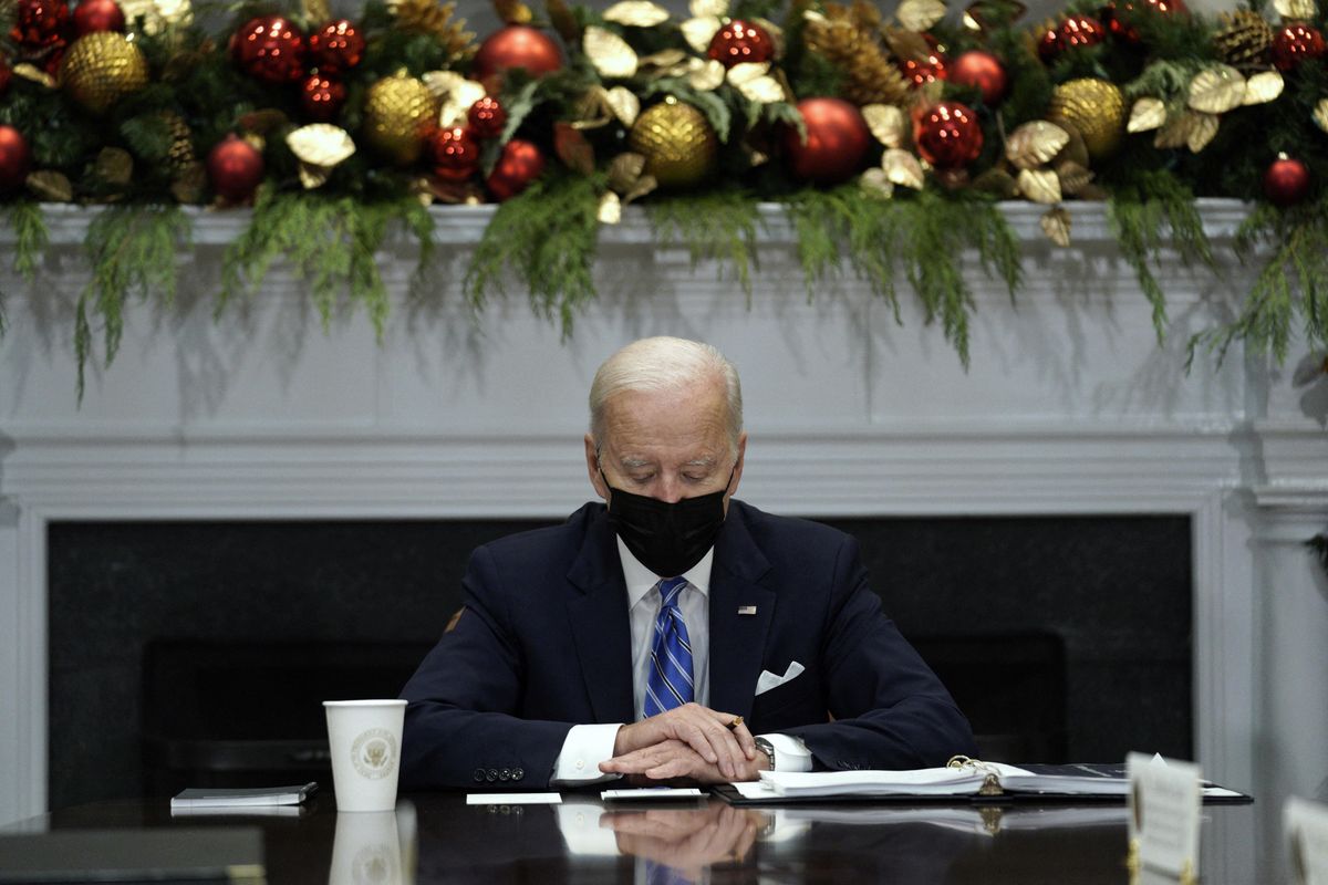 U.S. President Joe Biden meets with members of the White House COVID-19 Response Team on the latest developments related to the Omicron variant in the Roosevelt Room in the White House in Washington, U.S., December 16, 2021