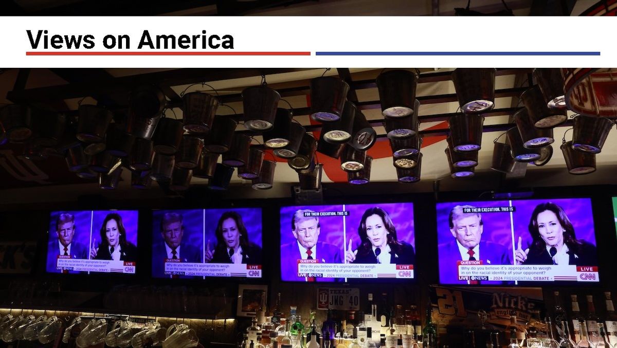 ​Vice President Kamala Harris speaks on TV during a debate with her opponent, former President Donald Trump, on Sept. 10, 2024.