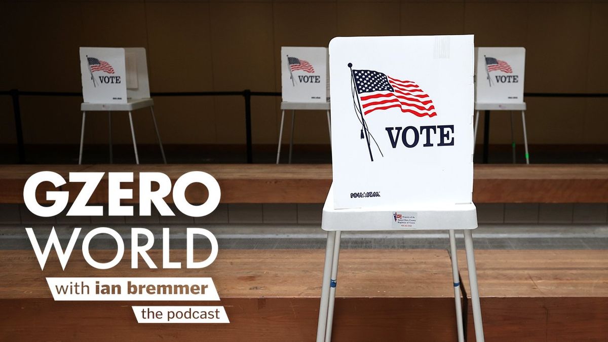 Voting booths with the word "vote" and the US flag printed on them with GZERO WORLD with ian bremmer - the podcast