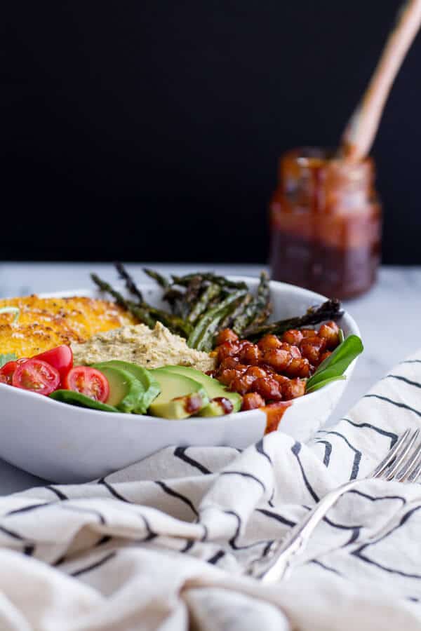 Spicy BBQ Chickpea and Crispy Polenta Bowls with Asparagus + Ranch Hummus | halfbakedharvest.com