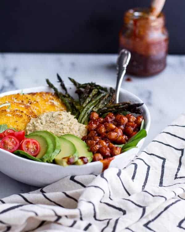 Spicy BBQ Chickpea and Crispy Polenta Bowls with Asparagus + Ranch Hummus | halfbakedharvest.com