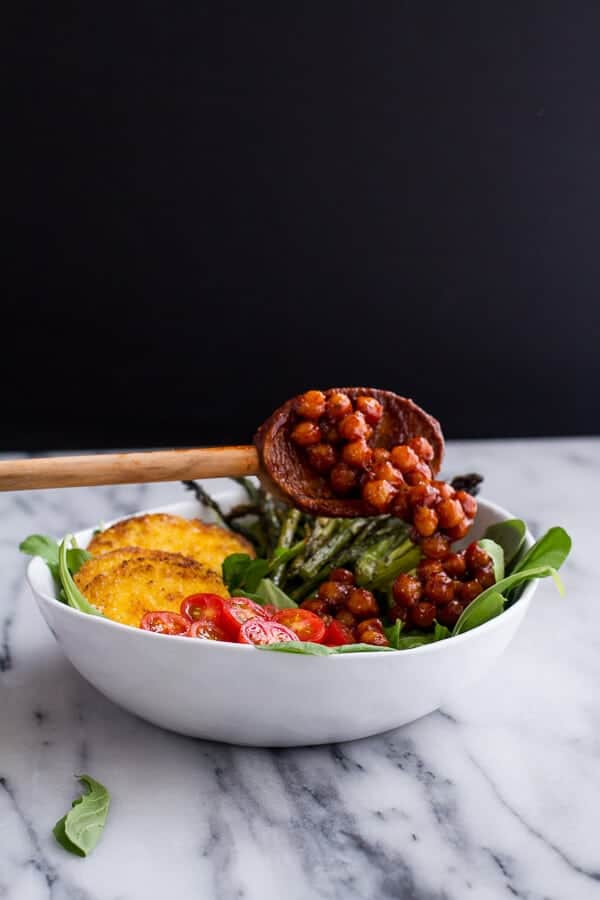 Spicy BBQ Chickpea and Crispy Polenta Bowls with Asparagus + Ranch Hummus | halfbakedharvest.com