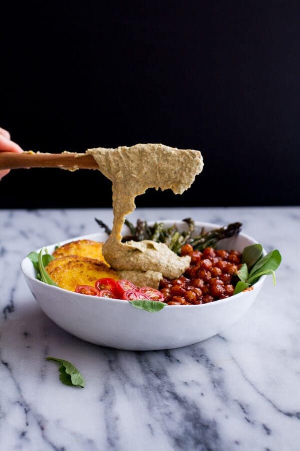 Spicy BBQ Chickpea and Crispy Polenta Bowls with Asparagus + Ranch Hummus | halfbakedharvest.com