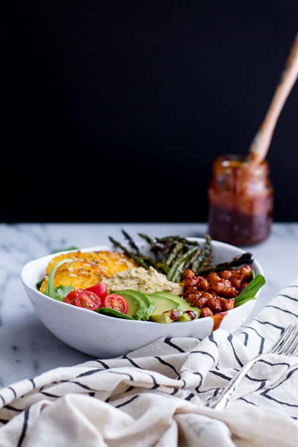 Spicy BBQ Chickpea and Crispy Polenta Bowls with Asparagus + Ranch Hummus | halfbakedharvest.com