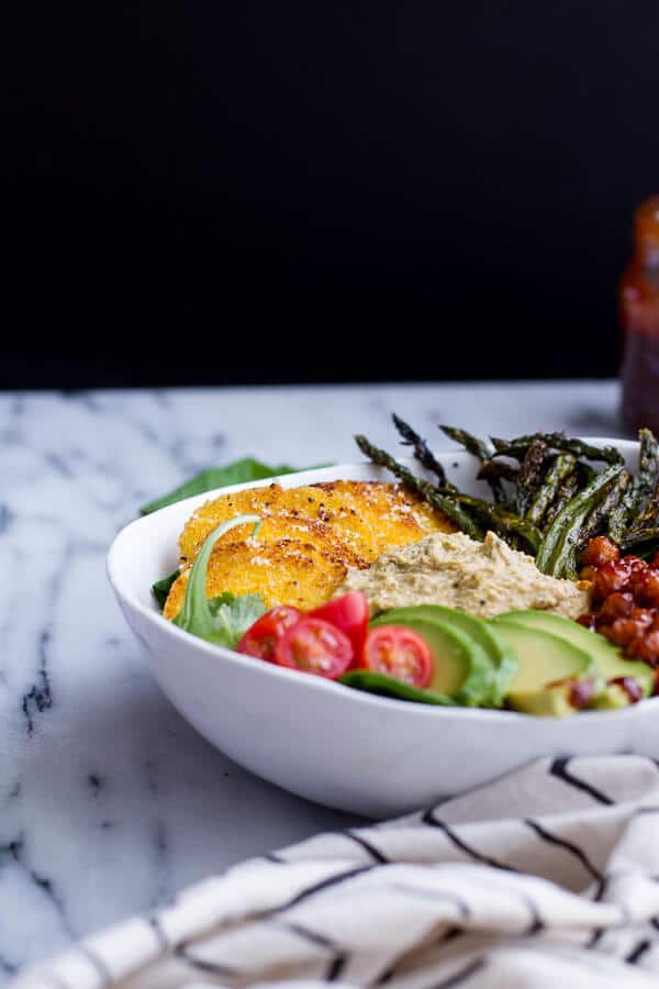 Spicy BBQ Chickpea and Crispy Polenta Bowls with Asparagus + Ranch Hummus | halfbakedharvest.com