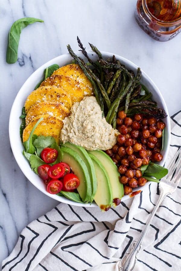 Spicy BBQ Chickpea and Crispy Polenta Bowls with Asparagus + Ranch Hummus | halfbakedharvest.com