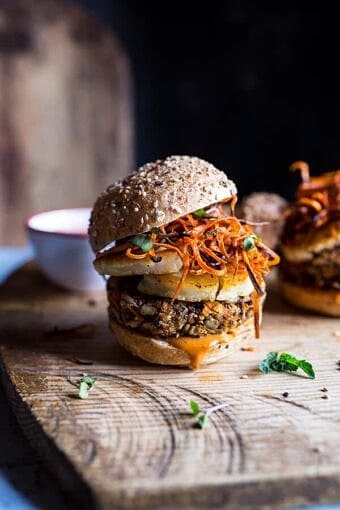 Sunflower Seed Veggie Burgers with Grilled Halloumi + Curried Tahini Sauce | halfbakedharvest.com @hbharvest