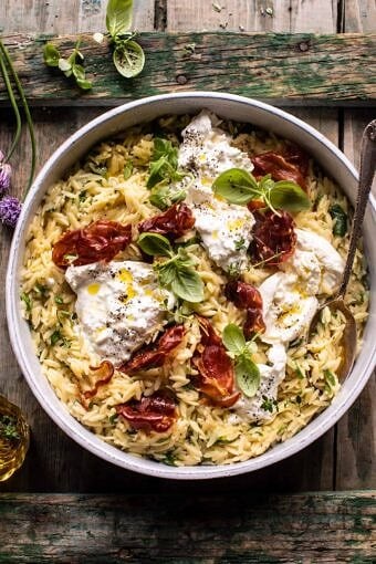 20 Minute Orzo Carbonara with Crispy Prosciutto and Burrata | halfbakedharvest.com