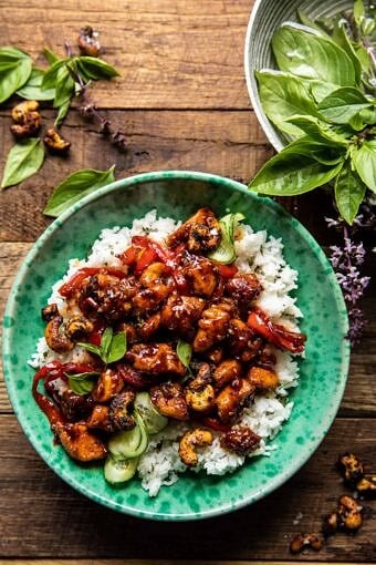 Thai Basil Sesame Cashew Chicken with Coconut Rice | halfbakedharvest.com