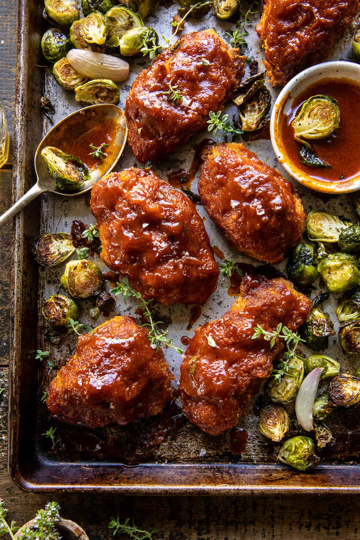 Sheet Pan Hot Honey Mustard Chicken and Crispy Brussels Sprouts | halfbakedharvest,com