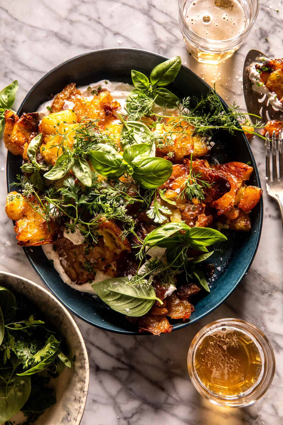 Sour Cream and Onion Smashed Potatoes | halfbakedharvest.com