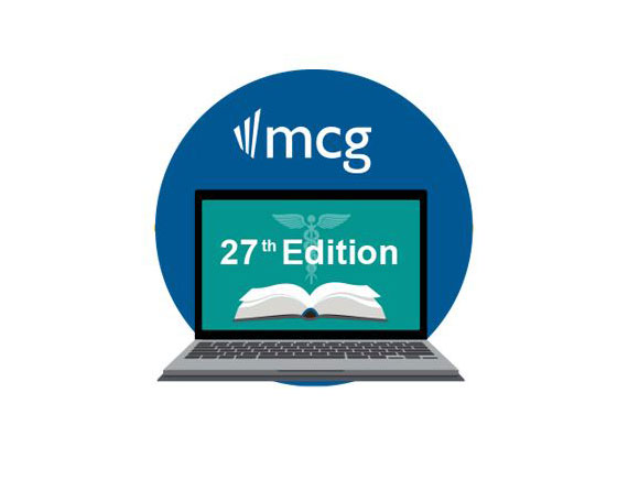 MCG logo in a blue circle above a laptop screen showing a book and the caduceus alongside text 