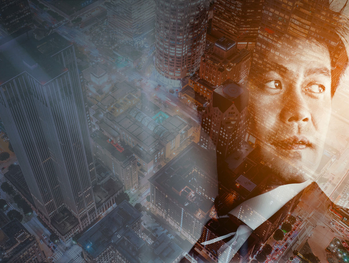 Graphic of man looking over shoulder overlaid with image of aerial cityscape