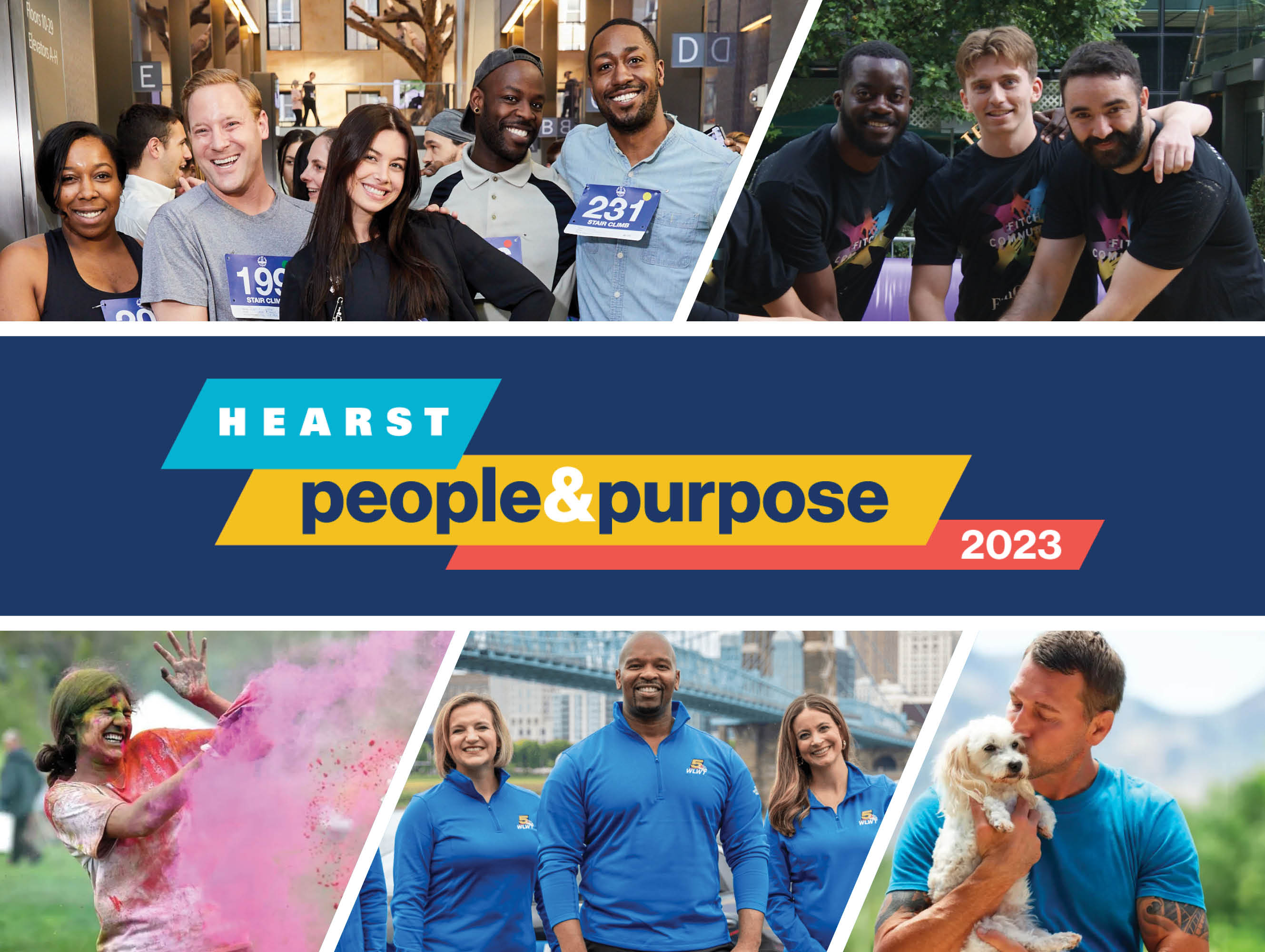 People & Purpose 2023 logo surrounded by colleagues during the Top of the Tower event, at a Holi event, with a dog, at a volleyball game and in front of a bridge