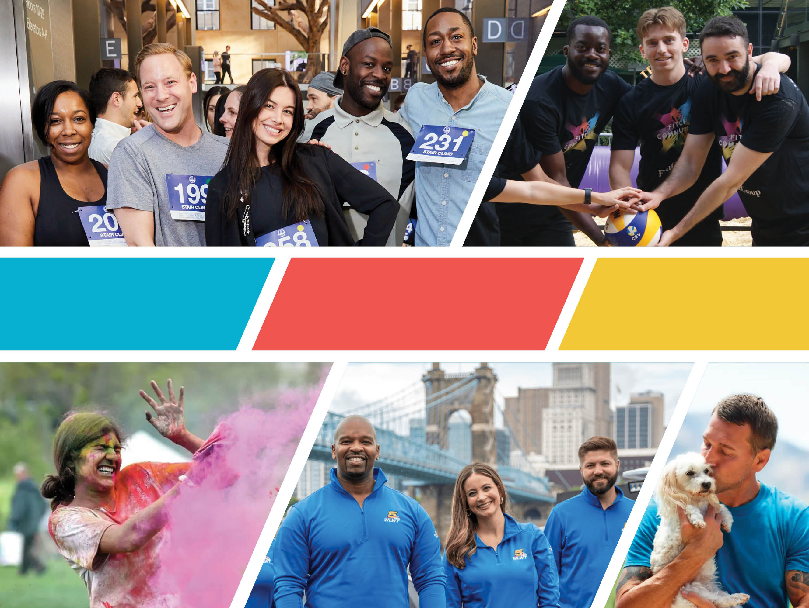 2023 Yearbook logo surrounded by colleagues at the Top of the Tower event, at a Holi event, with a dog, in front of a bridge and at a volleyball game