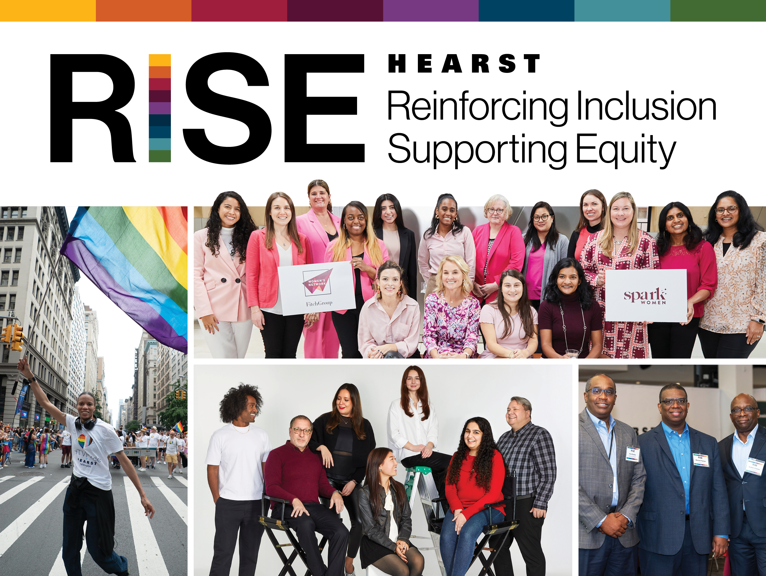 RISE logo above images of colleagues at the nyc pride march, during a breast cancer awareness event, at a studio and at a conference