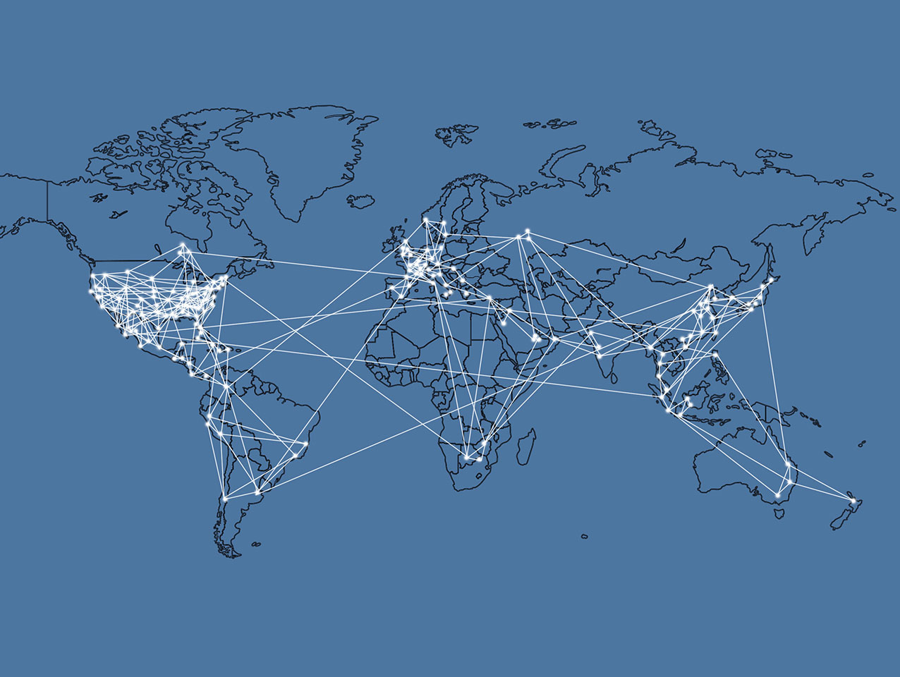 Map of the world with dots depicting Hearst offices highlighted and connected