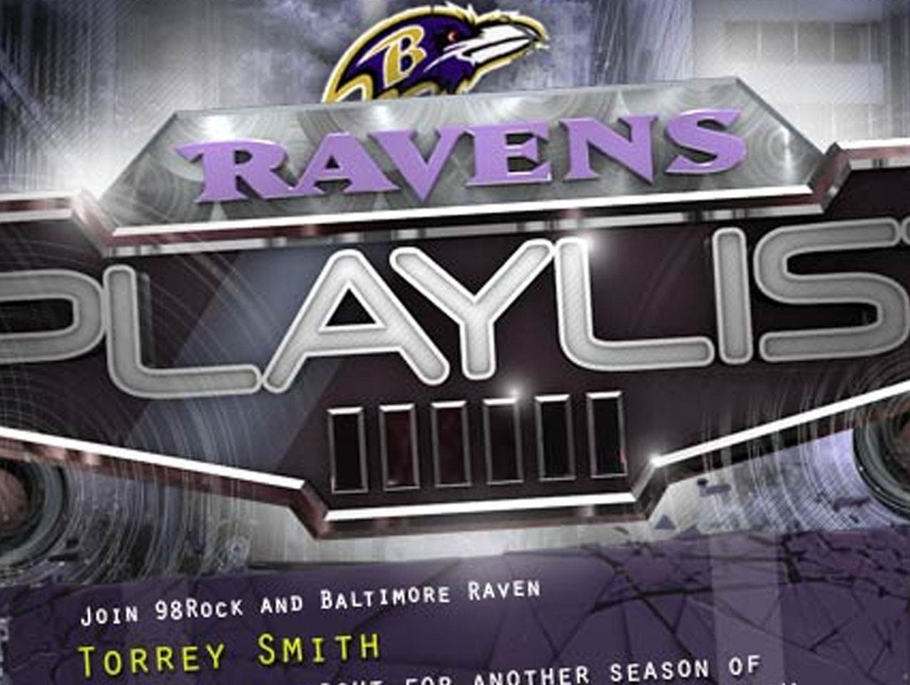 Baltimore Ravens logo above graphic of soundsystem that reads 