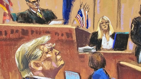 Jury members listen to readback of testimony as Republican presidential candidate and former U.S. President Donald Trump attends his criminal trial over charges that he falsified business records to conceal money paid to silence porn star Stormy Daniels in 2016, at Manhattan state court in New York City, U.S. May 30, 2024, in this courtroom sketch. (Jane Rosenberg / REUTERS)