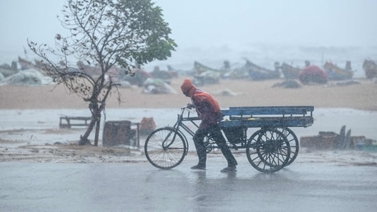 A man pulls his three-wheeler cart amid heavy wind and rainfall at the Marina Beach in Chennai.(AFP)