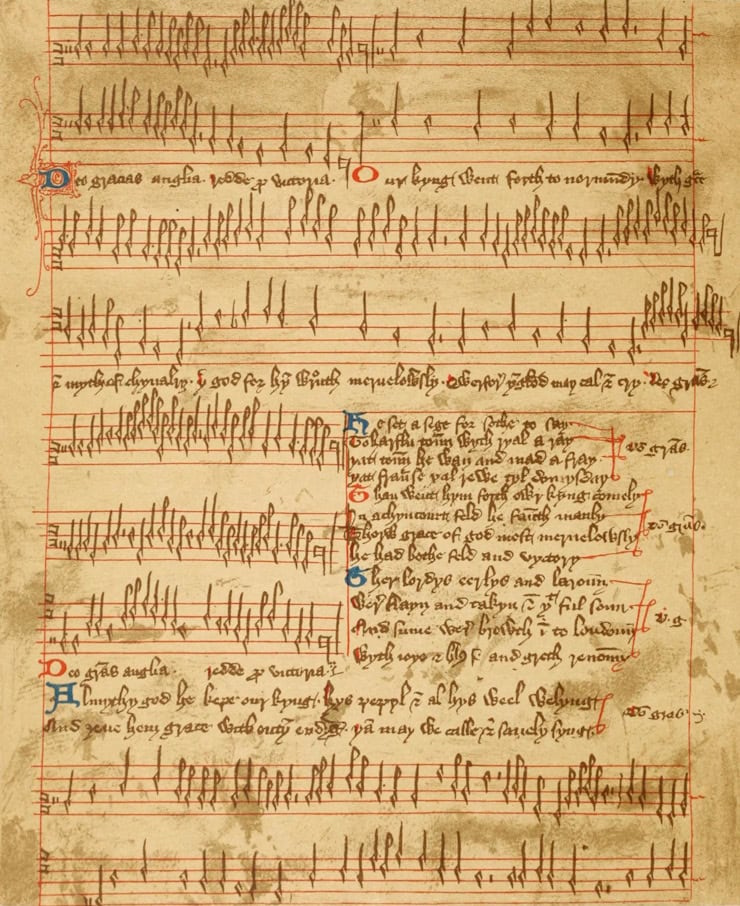 Facsimile of the "Agincourt Carol" in the Trinity Carol Roll