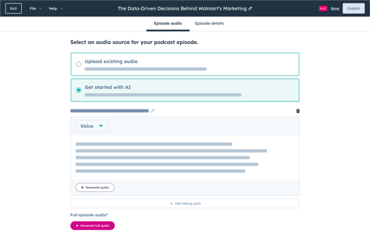 content agent's user interface showing a podcast episode