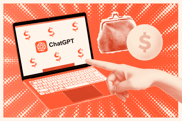 graphic of a computer with the chatgpt logo on it and a halftone wallet and dollar sign