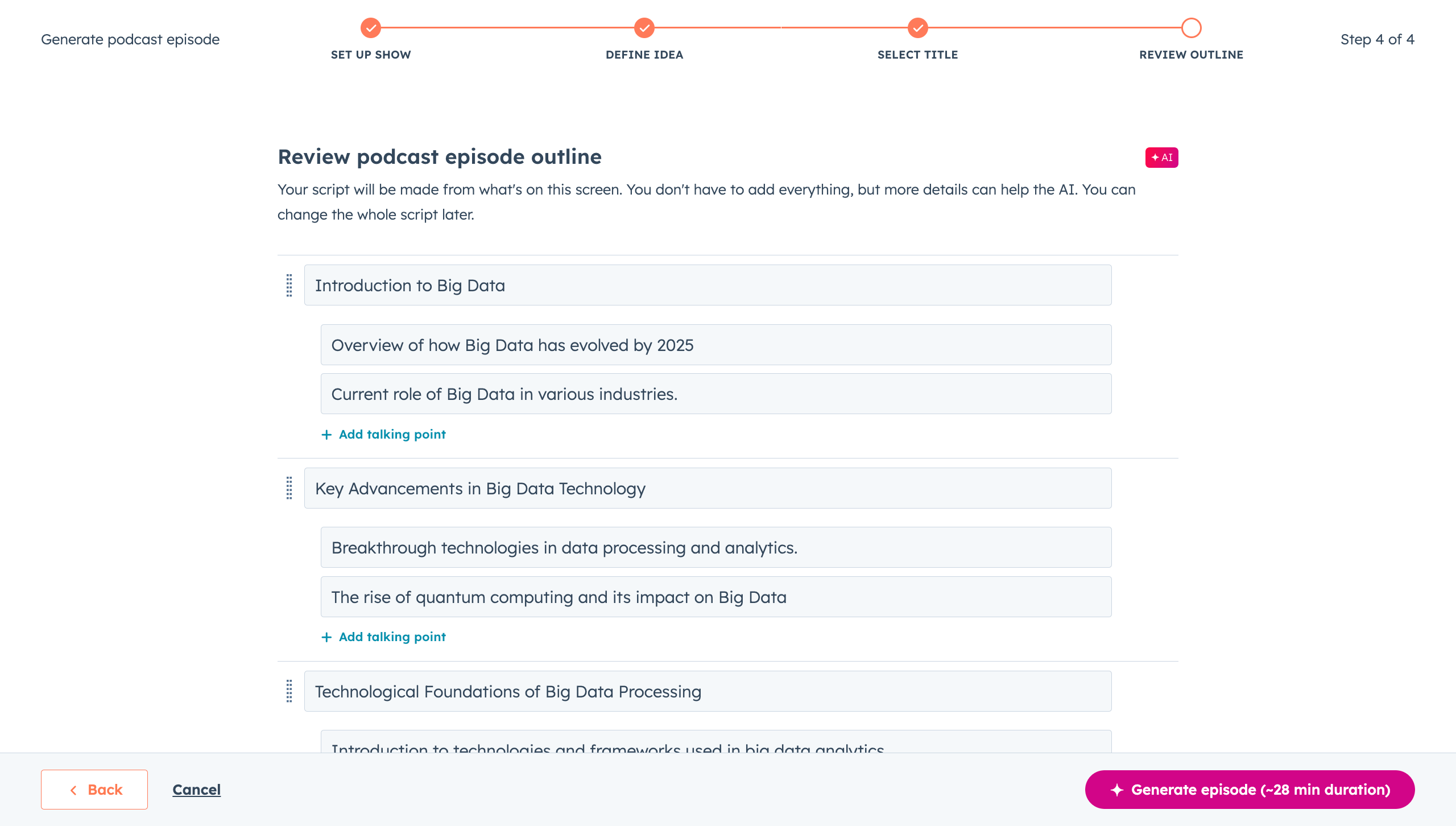 hubspot podcast software showing podcast episode outlines