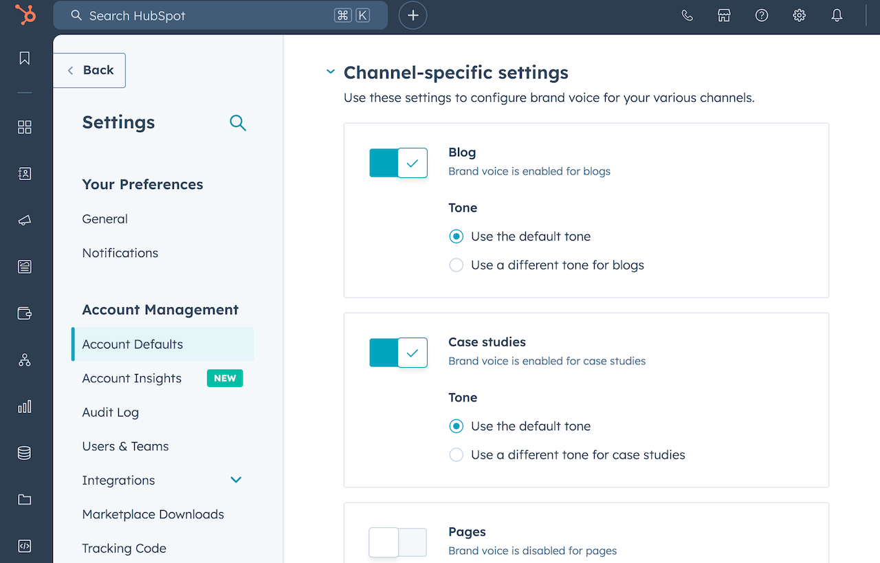 hubspot's brand voice software user interface showing different content channels