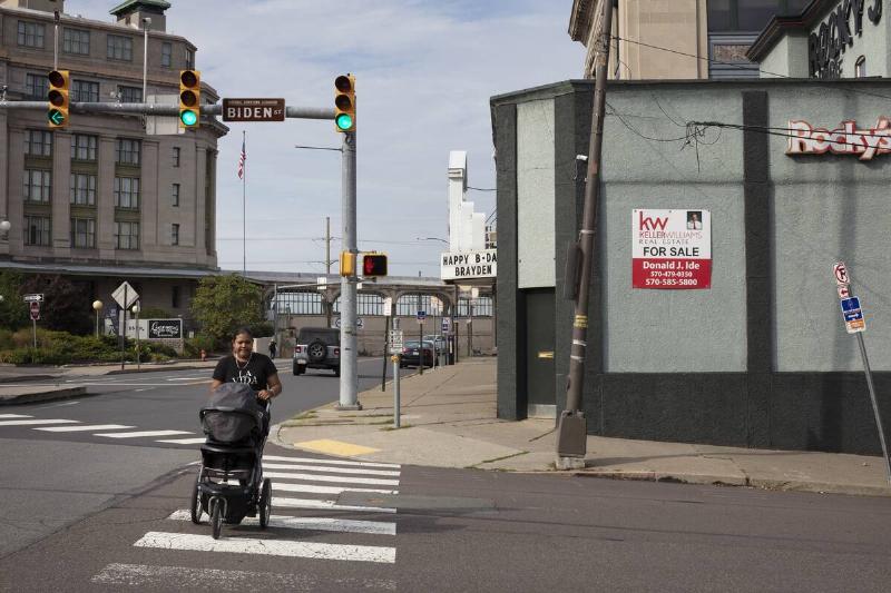 intersection of Biden St and Lackawanna Ave in downtown Scranton, Pennsylvania on Aug. 5, 2022.