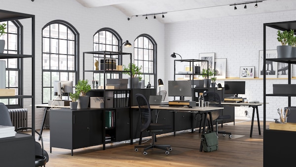 A bright open-plan office space divided using black TROTTEN cabinets and open shelving filled with plants, files and boxes.