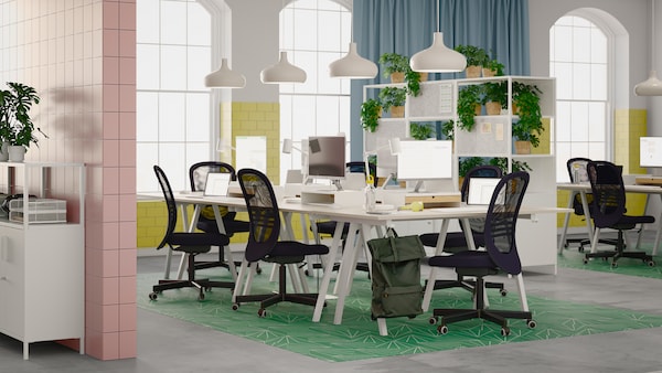 A light, airy office with several black FLINTAN office chairs around a cluster of TROTTEN desks, forming a shared workspace.