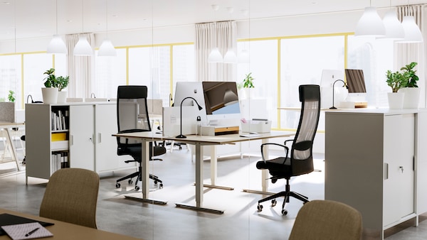 Two beige/white TROTTEN desks with dark grey chairs standing in an airy office environment.