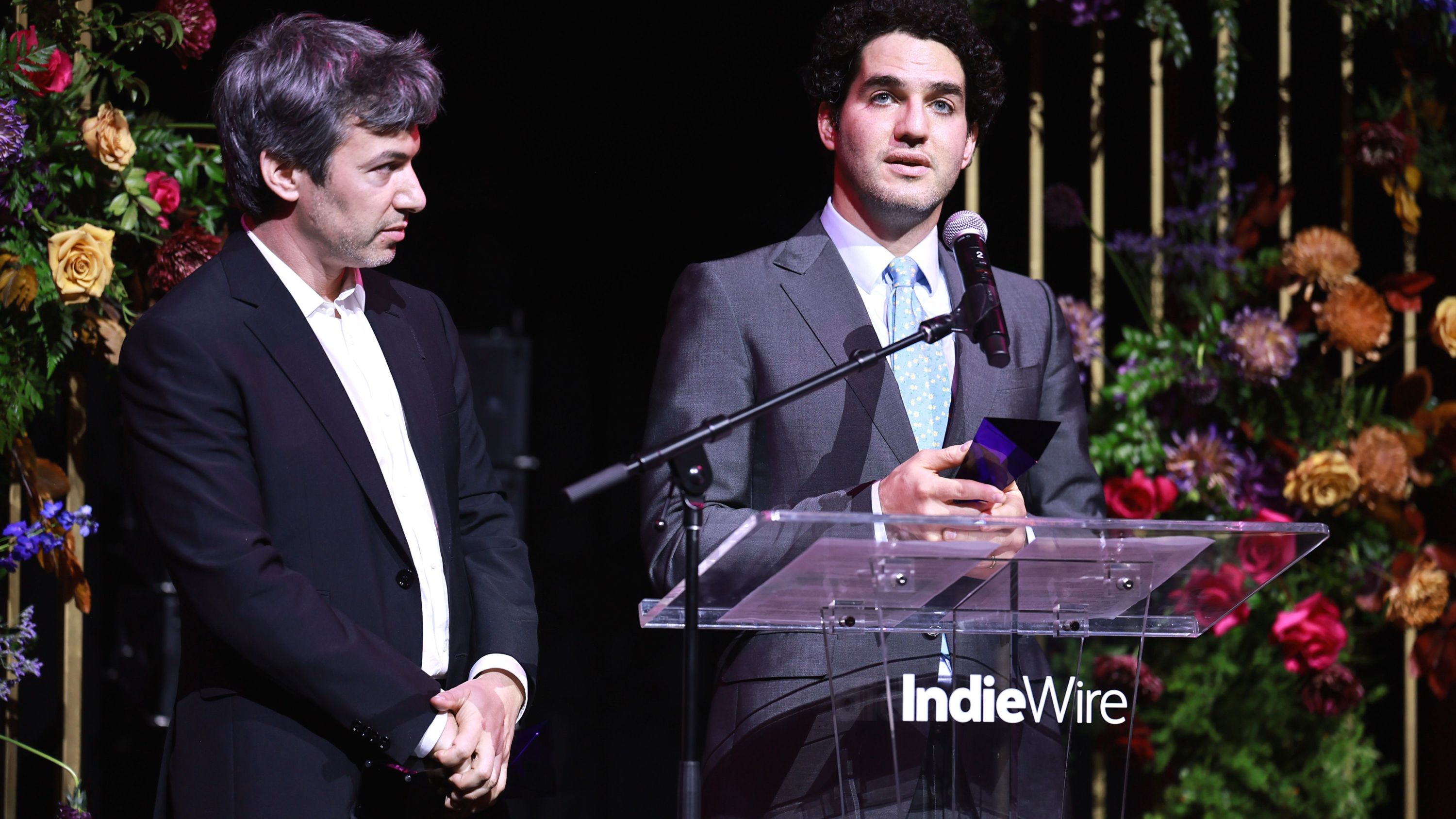 HOLLYWOOD, CALIFORNIA - DECEMBER 06: (L-R) Nathan Fielder and Benny Safdie accept the Wavelength Award onstage during IndieWire Honors 2023 at NeueHouse Hollywood on December 06, 2023 in Hollywood, California. (Photo by Matt Winkelmeyer/IndieWire via Getty Images)