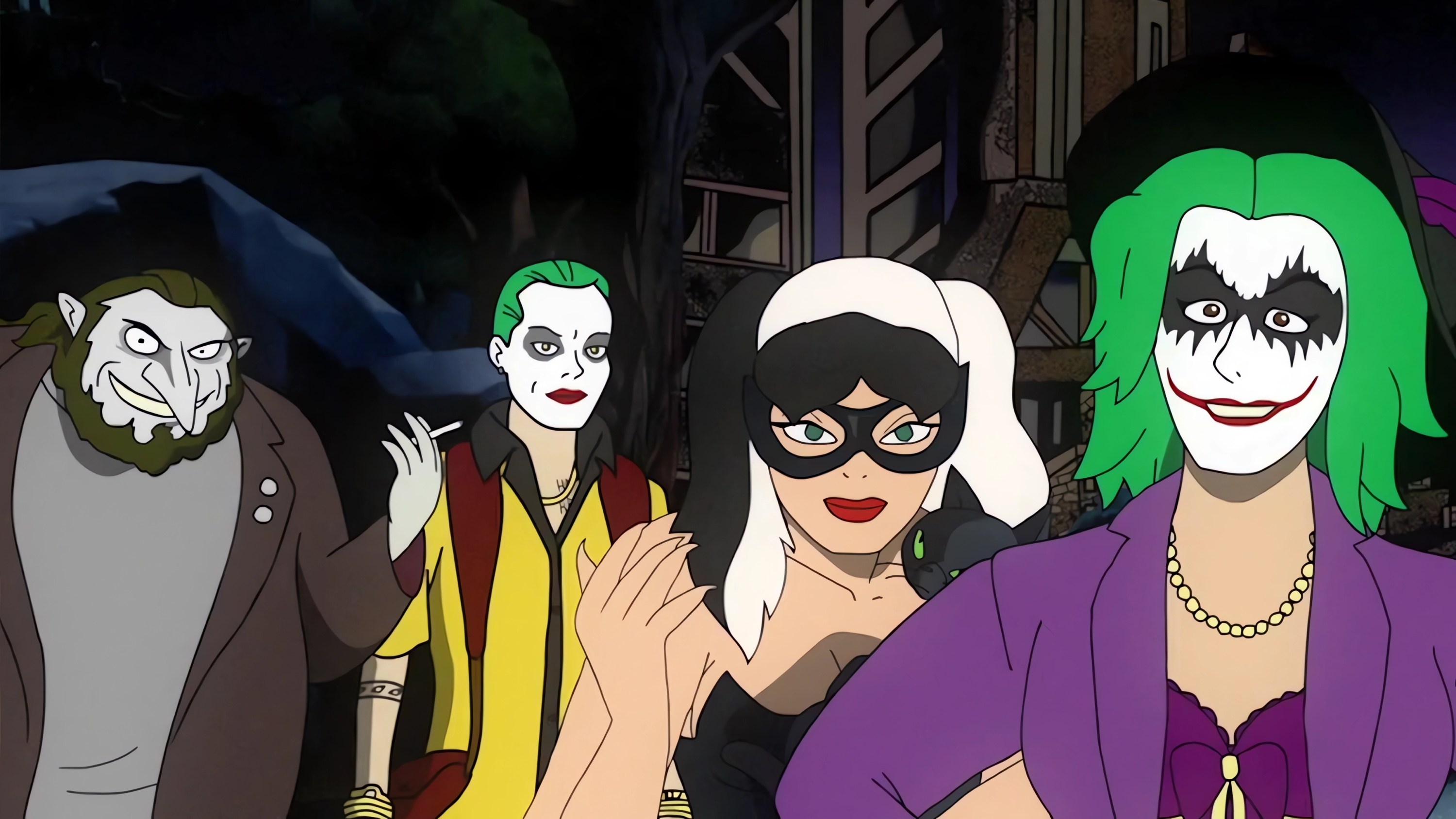 A still of Joker the Harlequin, Catwoman, Penguin, and Mr J. in the style of '90s Batman cartoons, all staring towards the camera The People's Joker