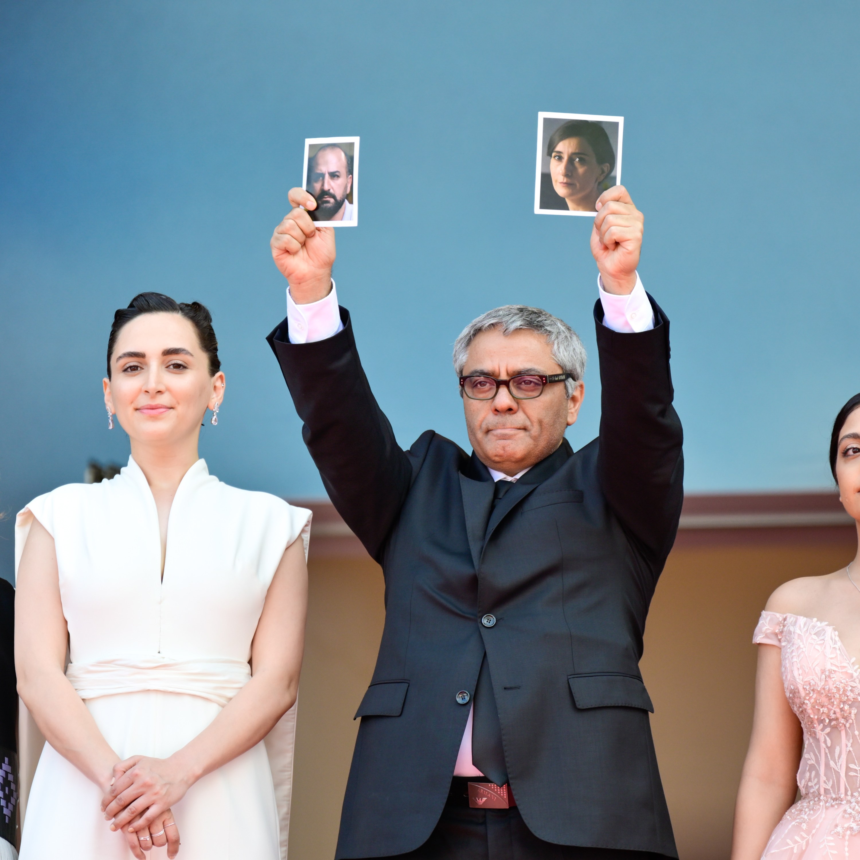 Mahsa Rostami, Soheila Golestani, Mohammad Rasoulof, and the cast and crew attend the 'Seed of the Sacred Fig' red carpet at the 77th annual Cannes Film Festival